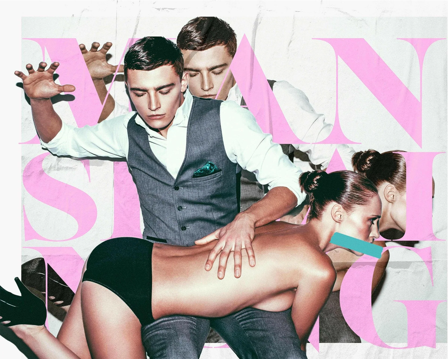 Model posing with a person on a magazine cover with visible branding