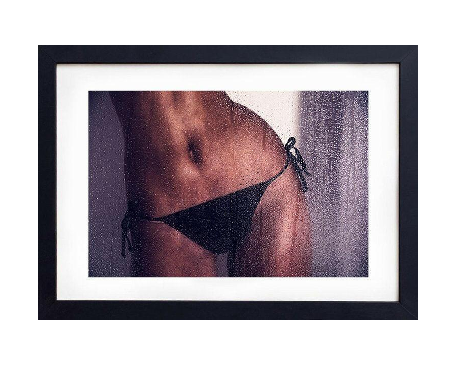 Framed artwork of a woman wearing a black bikini bottom.