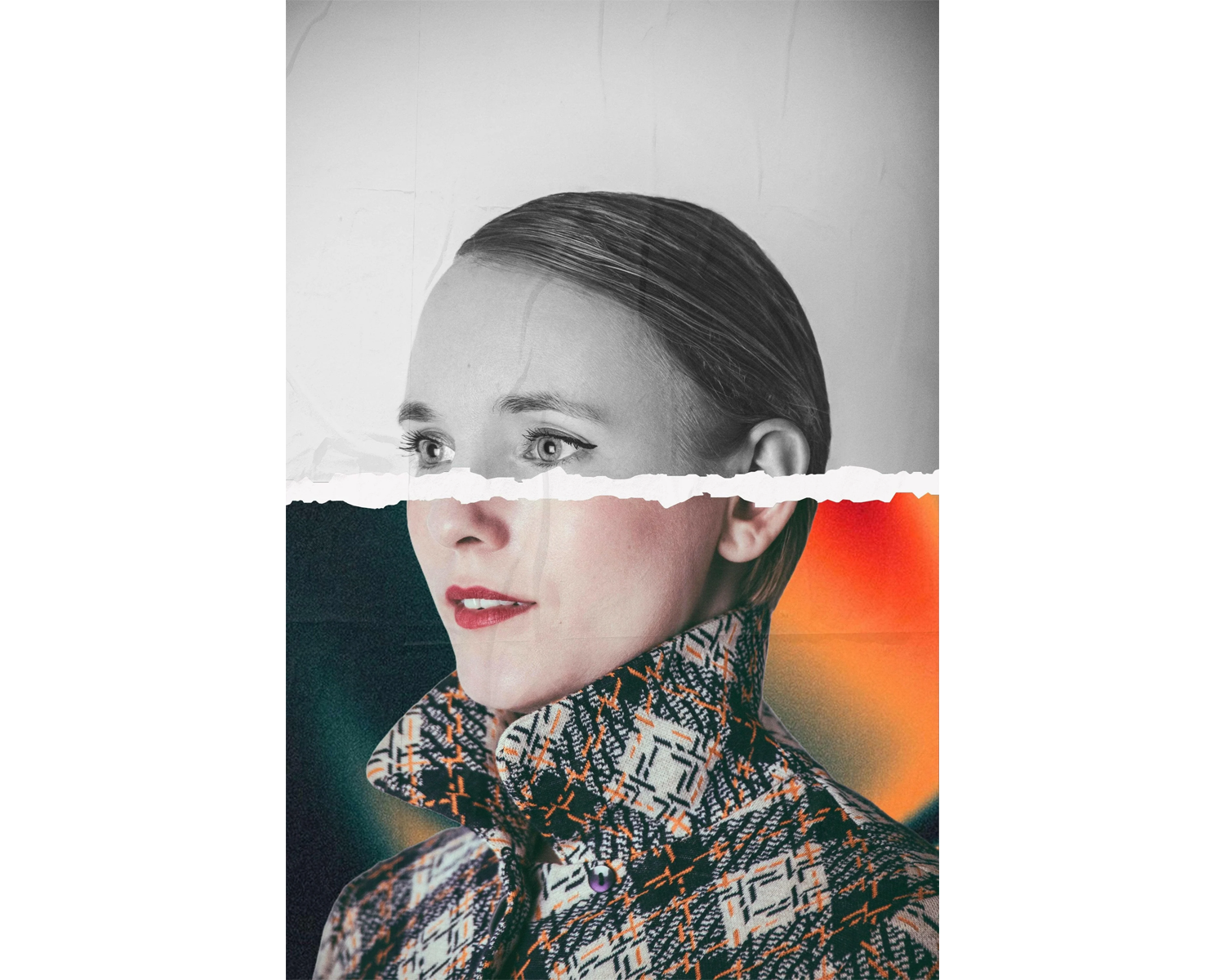 Collage of a woman's face with a blurred background