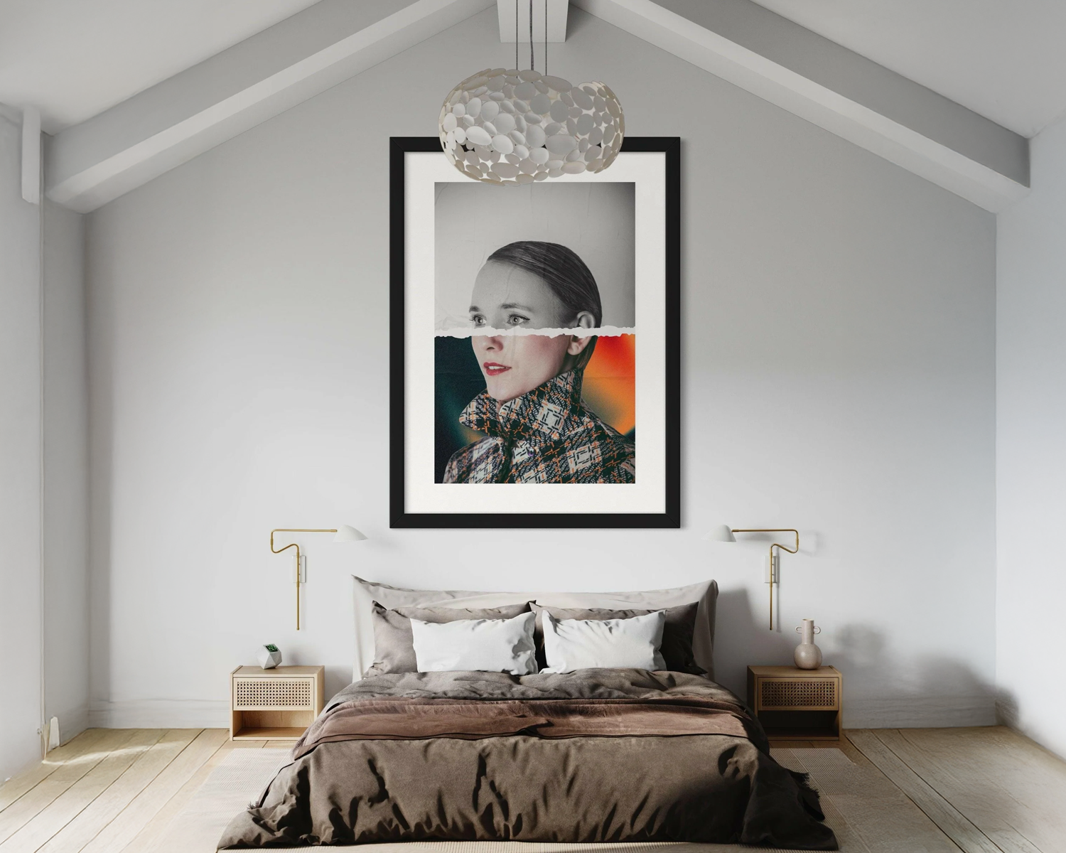 Framed artwork above a bed in a bedroom with neutral tones