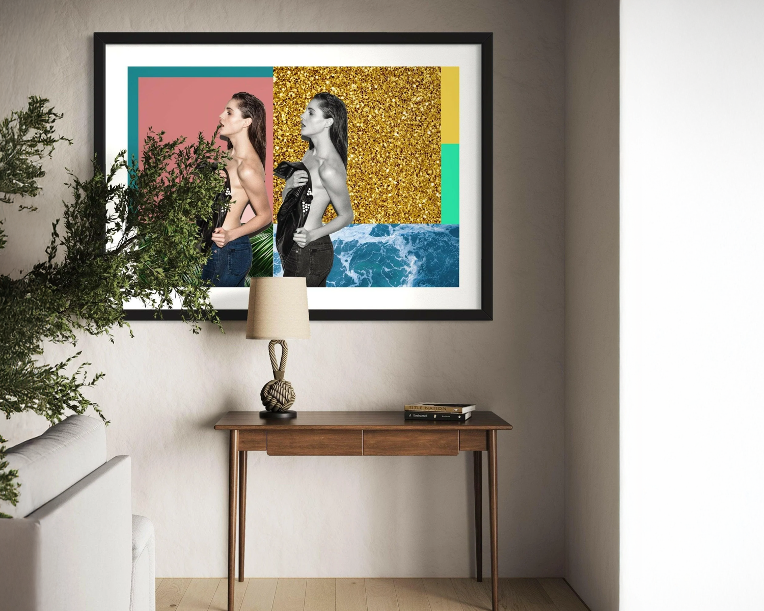 Framed artwork of two women in a pool with abstract colors above a wooden console table.