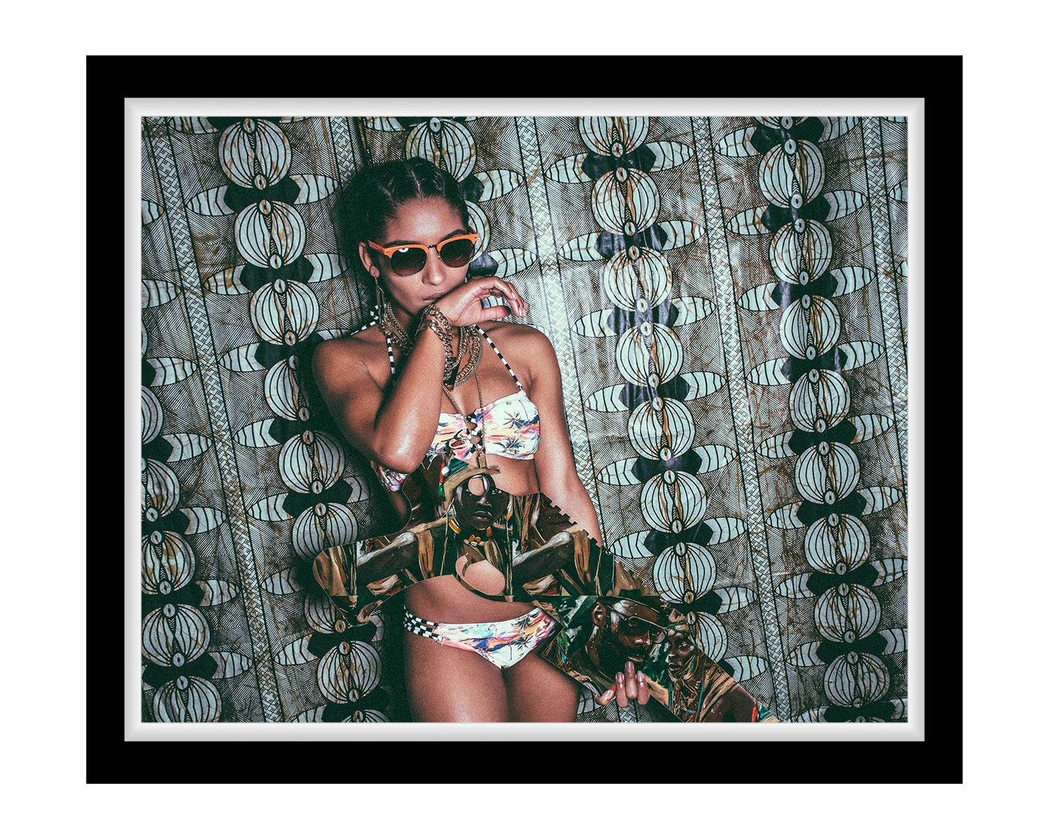 A woman wearing a bikini and sunglasses poses with a skateboard, exuding a relaxed summer vibe, framed in black.